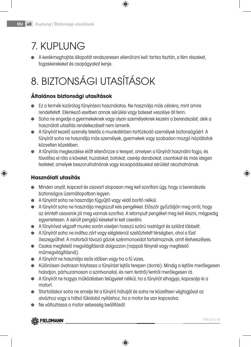 Kuplung, Biztonsági utasítások | Fieldmann FZR 4012-B User Manual | Page 48 / 82