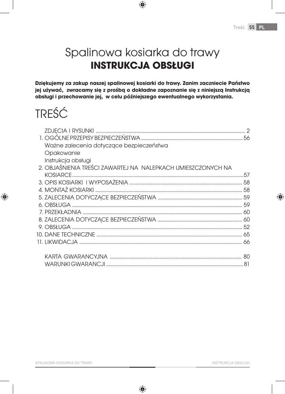 Spalinowa kosiarka do trawy, Treść, Instrukcja obsługi | Fieldmann FZR 4012-B User Manual | Page 55 / 82