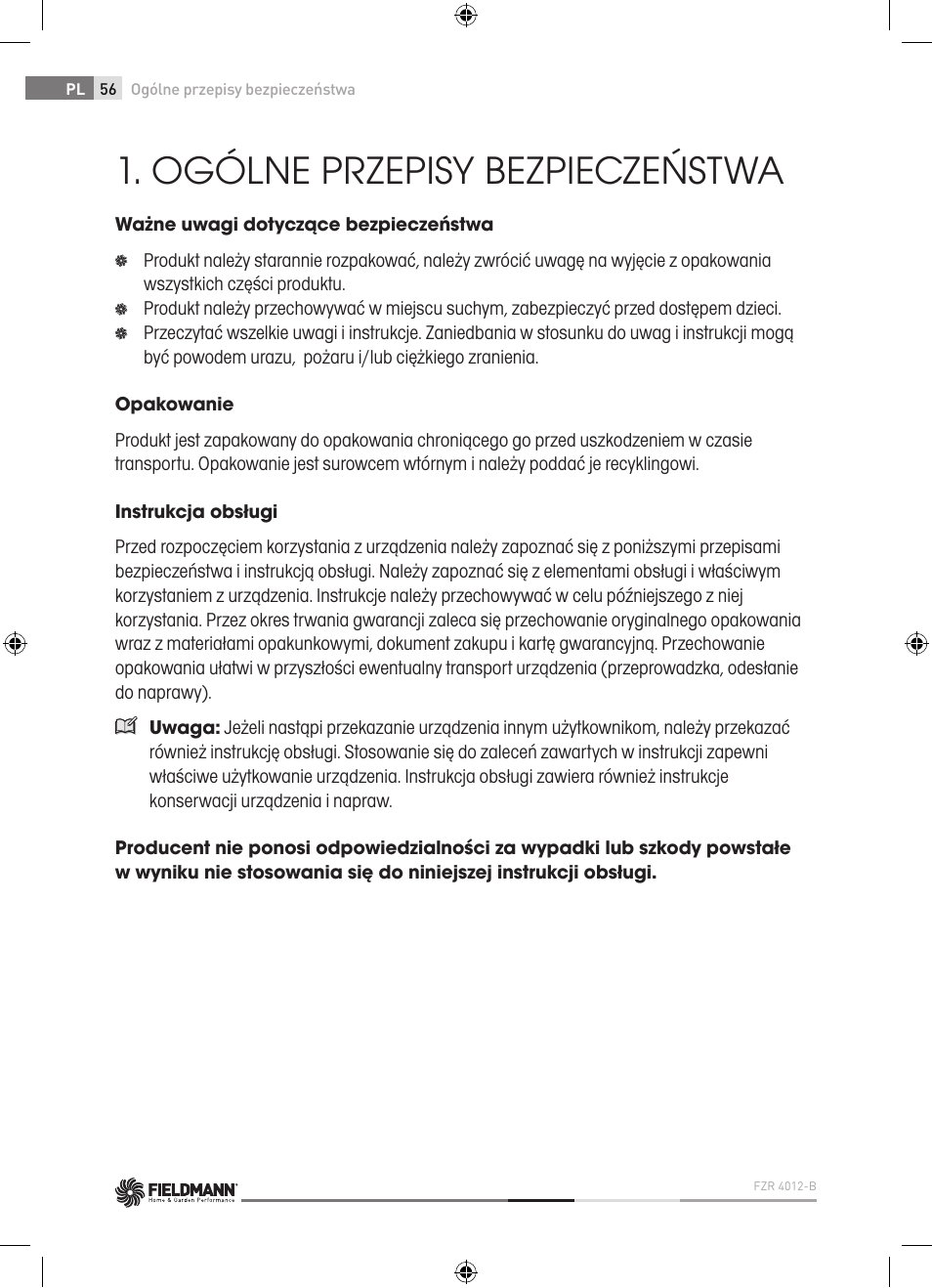 Ogólne przepisy bezpieczeństwa | Fieldmann FZR 4012-B User Manual | Page 56 / 82