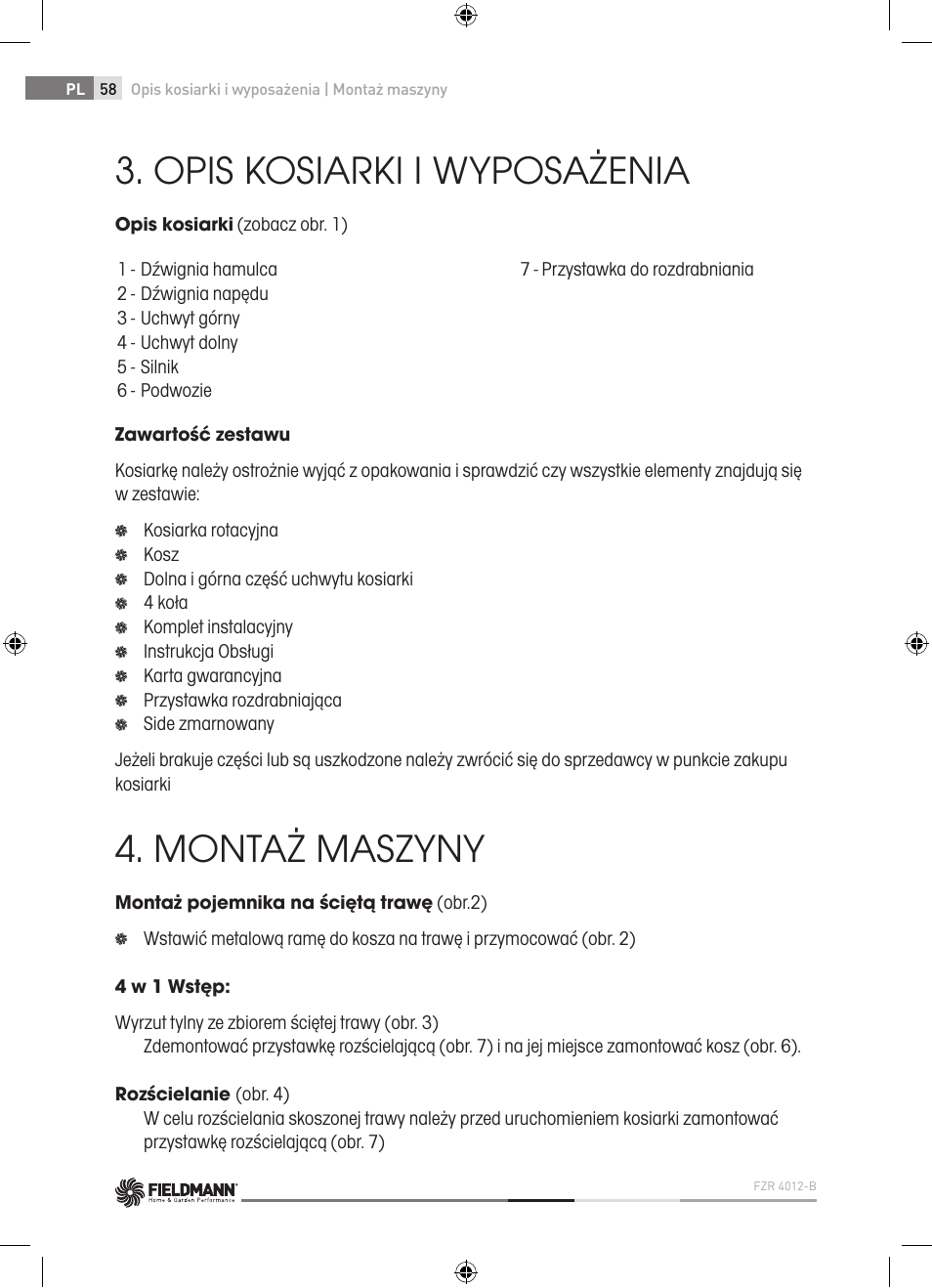 Opis kosiarki i wyposażenia, Montaż maszyny | Fieldmann FZR 4012-B User Manual | Page 58 / 82