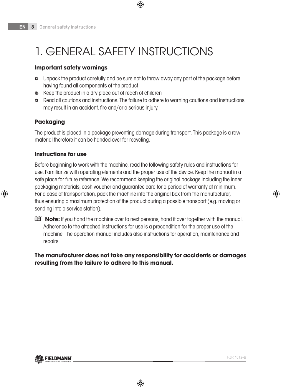 General safety instructions | Fieldmann FZR 4012-B User Manual | Page 8 / 82