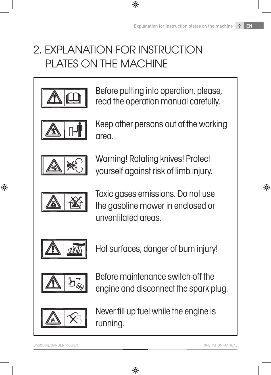 Explanation for instruction plates on the machine | Fieldmann FZR 4012-B User Manual | Page 9 / 82