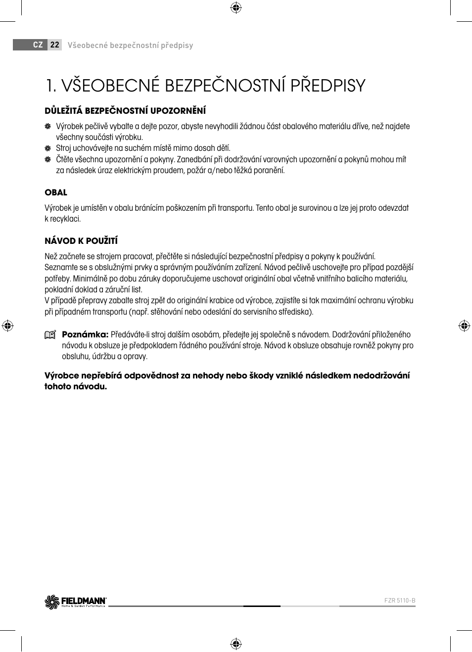 Všeobecné bezpečnostní předpisy | Fieldmann FZR 5110-B User Manual | Page 22 / 92