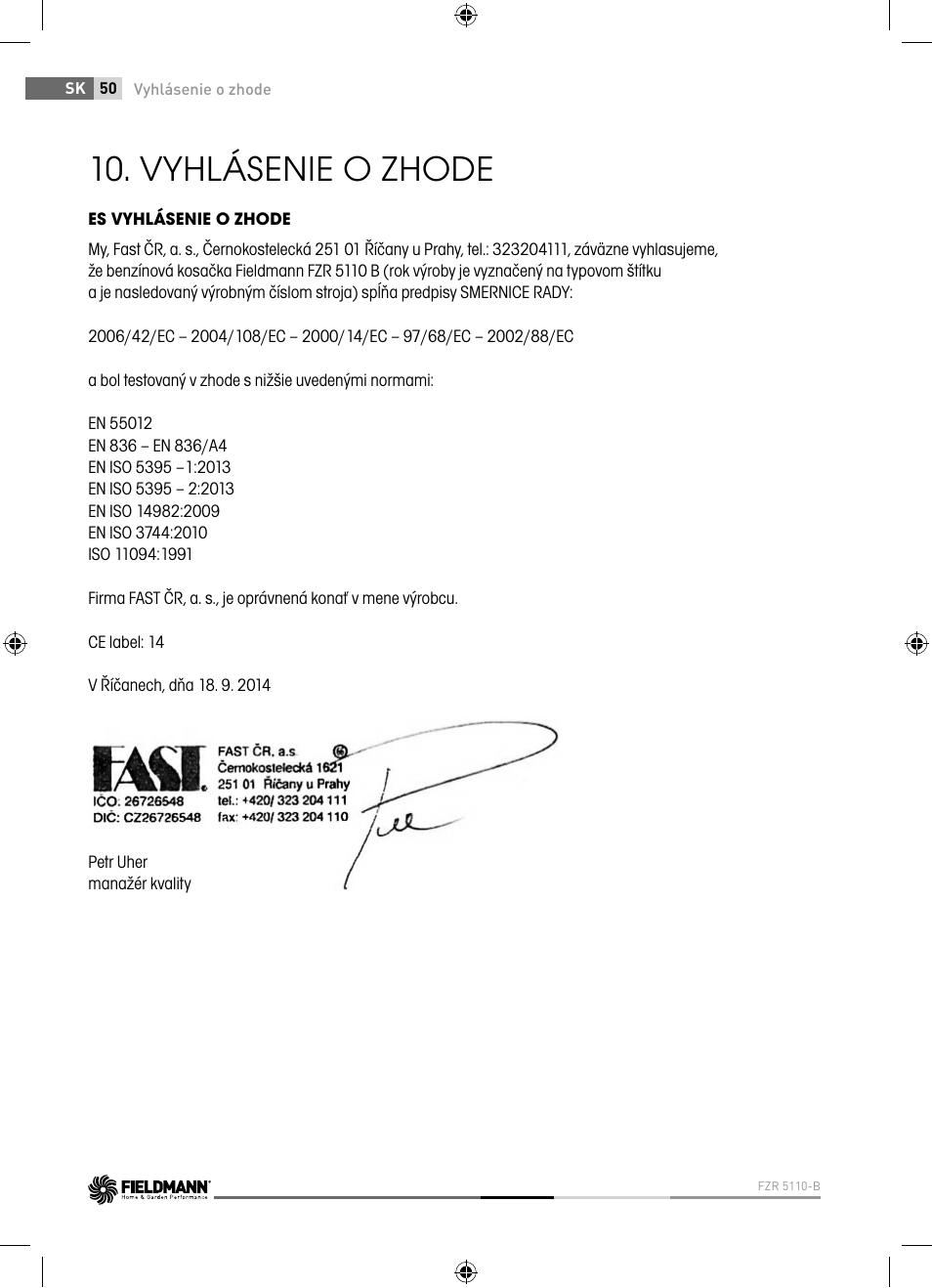 Vyhlásenie o zhode | Fieldmann FZR 5110-B User Manual | Page 50 / 92
