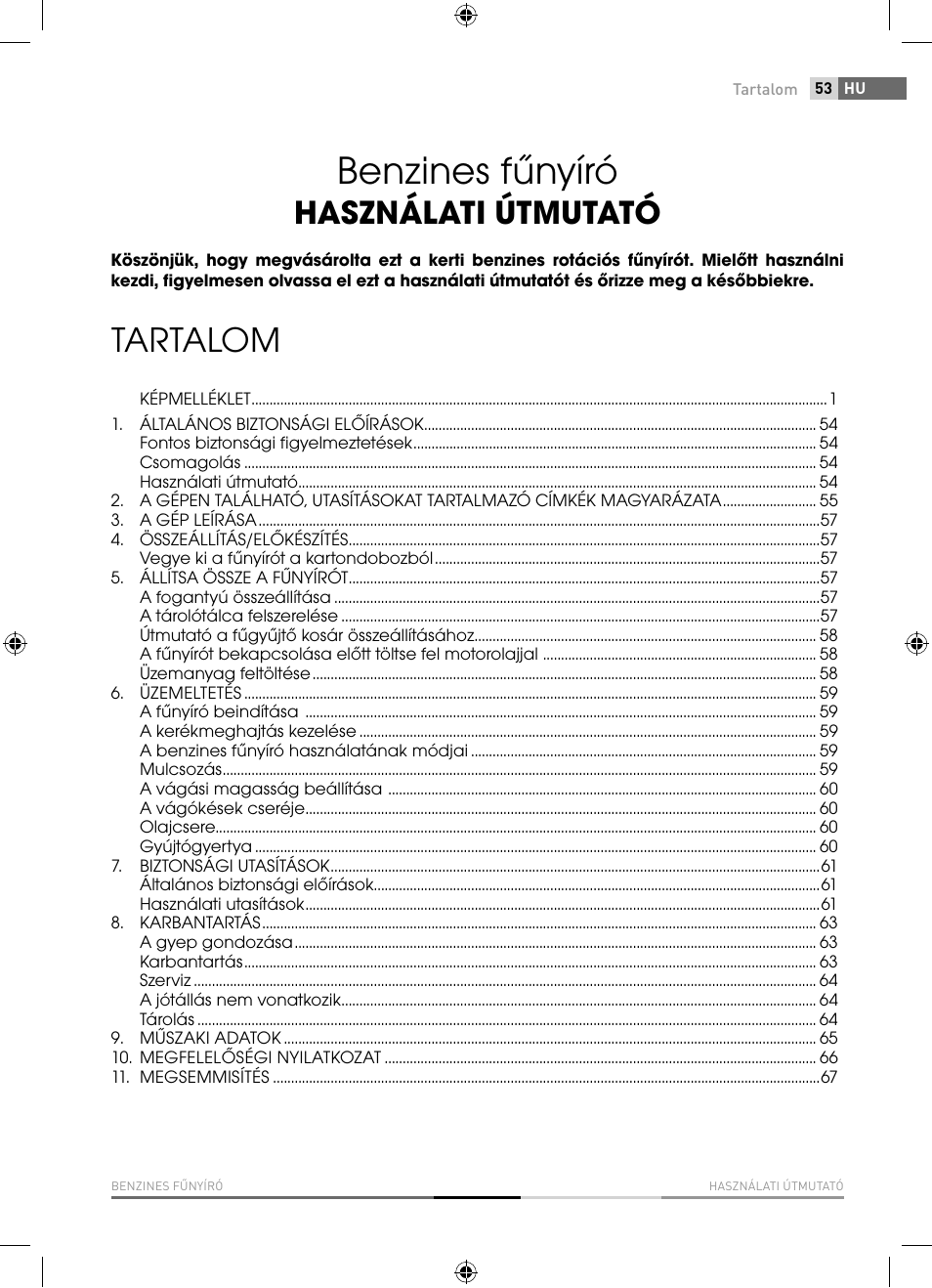 Benzines fűnyíró, Tartalom, Használati útmutató | Fieldmann FZR 5110-B User Manual | Page 53 / 92