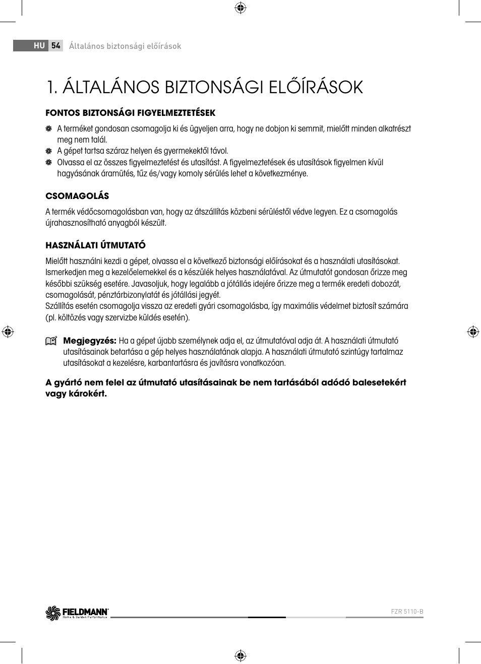 Általános biztonsági előírások | Fieldmann FZR 5110-B User Manual | Page 54 / 92