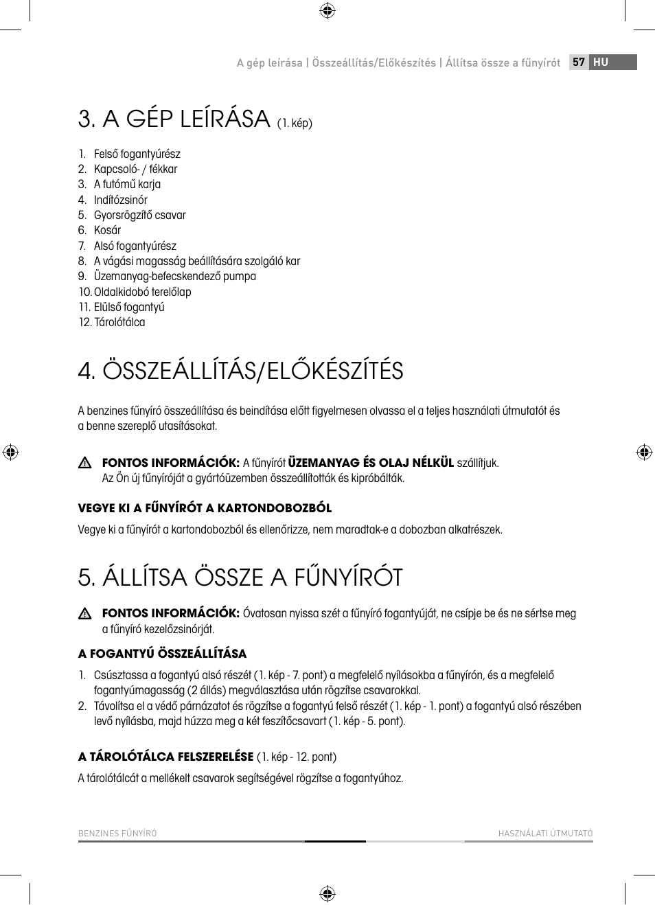 A gép leírása, Összeállítás/előkészítés, Állítsa össze a fűnyírót | Fieldmann FZR 5110-B User Manual | Page 57 / 92