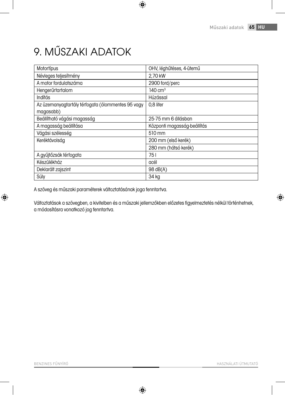 Műszaki adatok | Fieldmann FZR 5110-B User Manual | Page 65 / 92