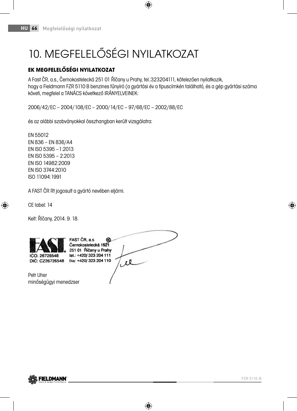 Megfelelőségi nyilatkozat | Fieldmann FZR 5110-B User Manual | Page 66 / 92