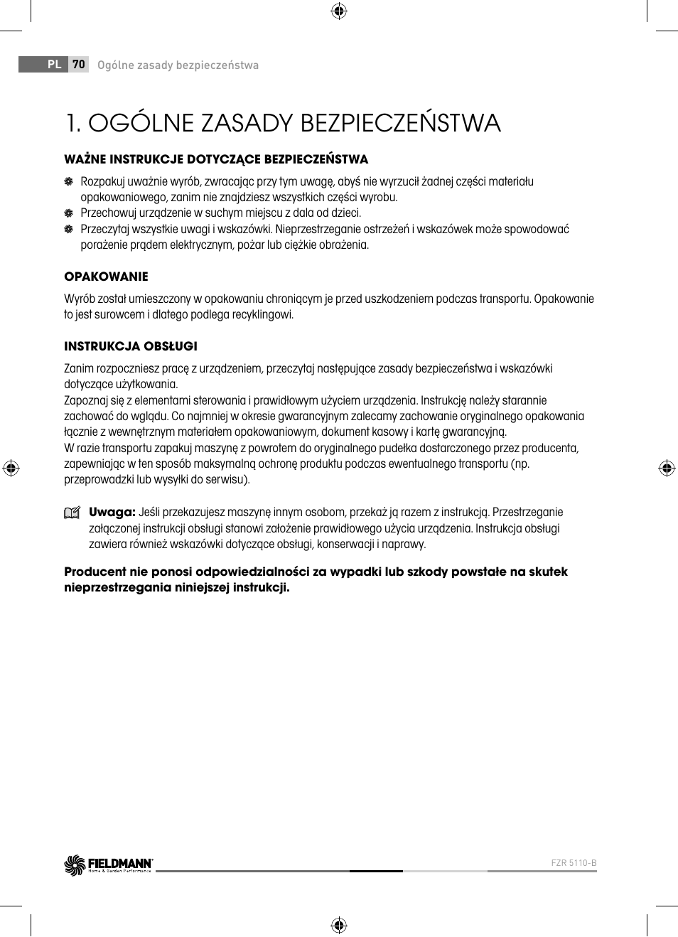 Ogólne zasady bezpieczeństwa | Fieldmann FZR 5110-B User Manual | Page 70 / 92