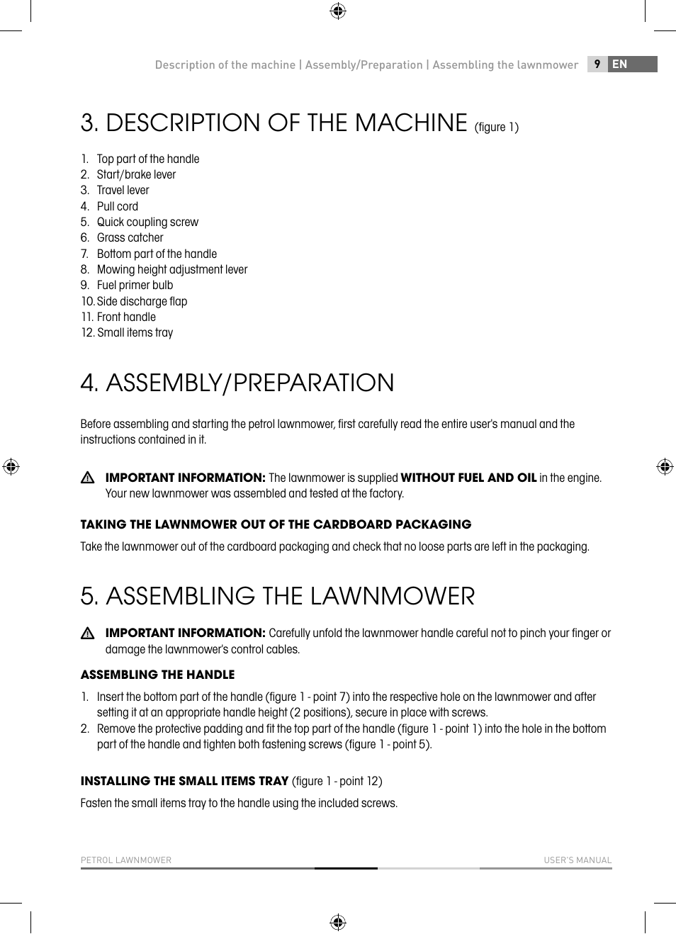 Description of the machine, Assembly/preparation, Assembling the lawnmower | Fieldmann FZR 5110-B User Manual | Page 9 / 92