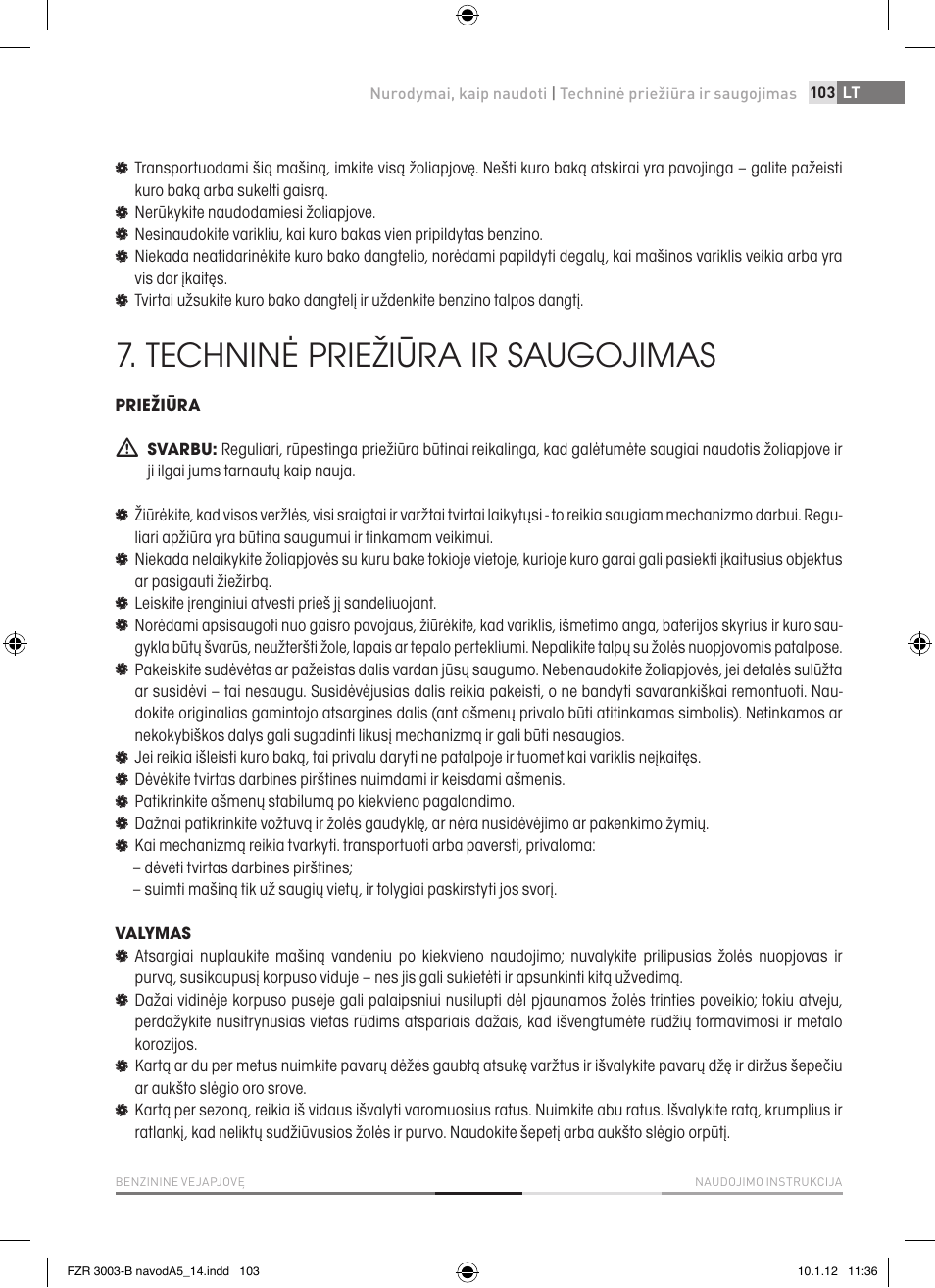 Techninė priežiūra ir saugojimas | Fieldmann FZR 3004-B User Manual | Page 103 / 110