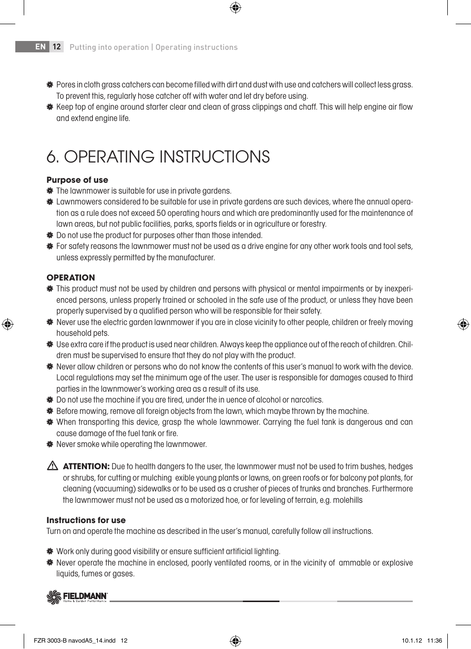 Operating instructions | Fieldmann FZR 3004-B User Manual | Page 12 / 110