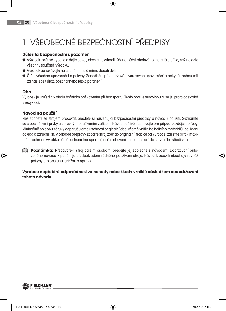 Všeobecné bezpečnostní předpisy | Fieldmann FZR 3004-B User Manual | Page 20 / 110