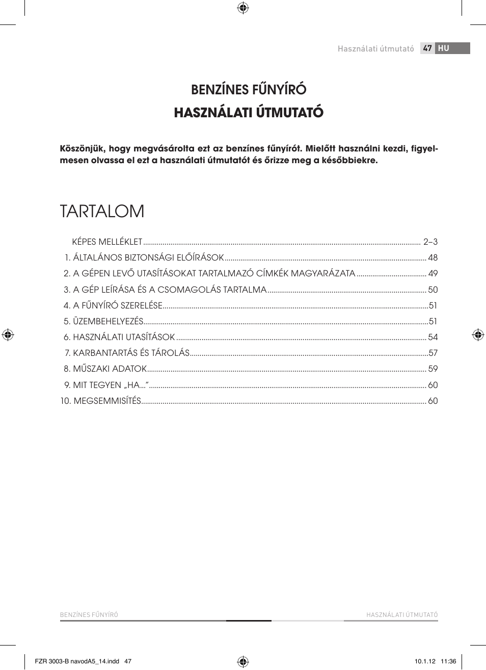 Tartalom, Benzínes fűnyíró használati útmutató | Fieldmann FZR 3004-B User Manual | Page 47 / 110