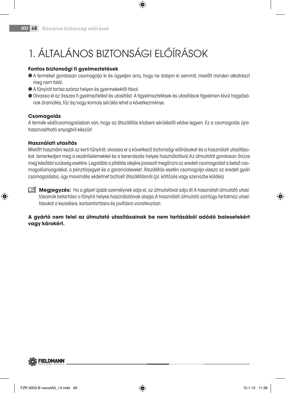 Általános biztonsági előírások | Fieldmann FZR 3004-B User Manual | Page 48 / 110