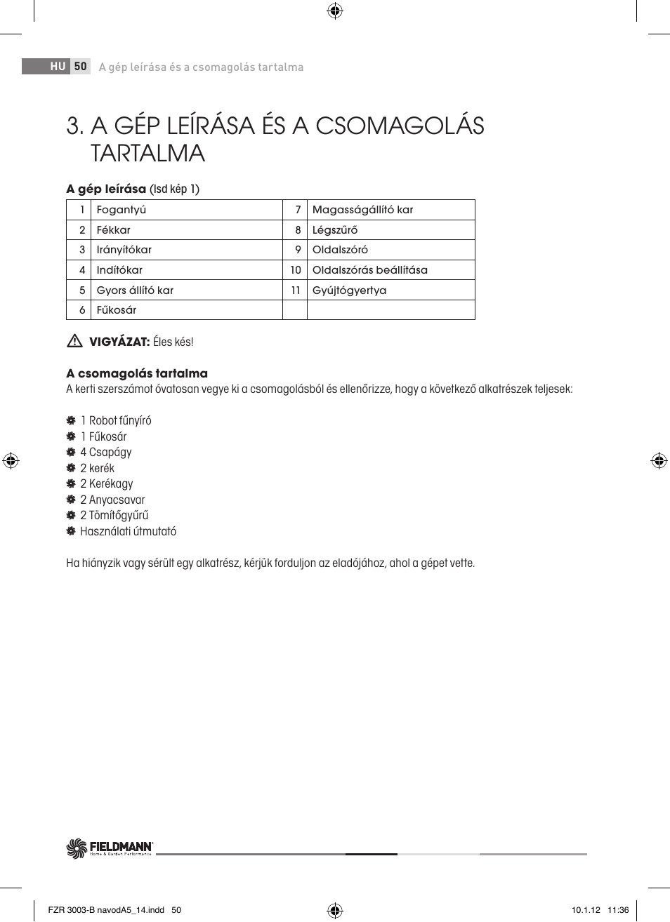 A gép leírása és a csomagolás tartalma | Fieldmann FZR 3004-B User Manual | Page 50 / 110