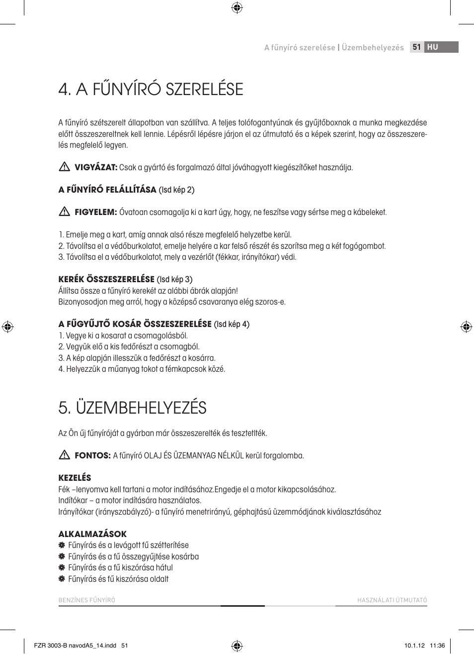 A fűnyíró szerelése, Üzembehelyezés | Fieldmann FZR 3004-B User Manual | Page 51 / 110