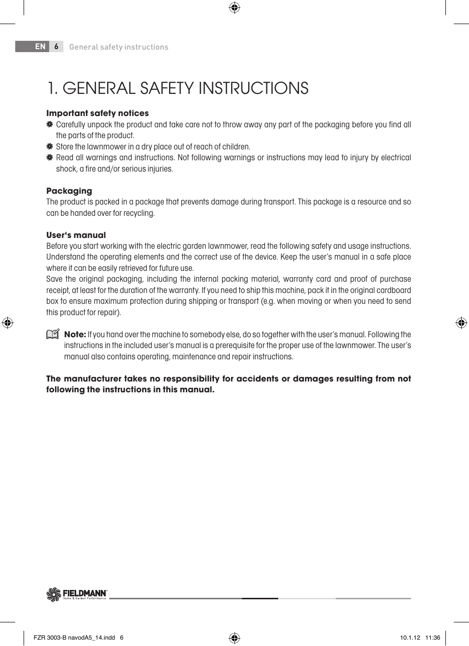 General safety instructions | Fieldmann FZR 3004-B User Manual | Page 6 / 110
