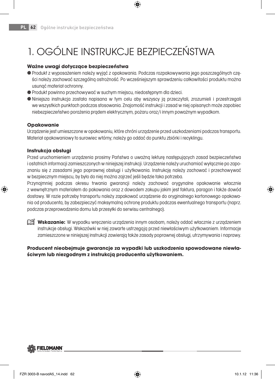 Ogólne instrukcje bezpieczeństwa | Fieldmann FZR 3004-B User Manual | Page 62 / 110