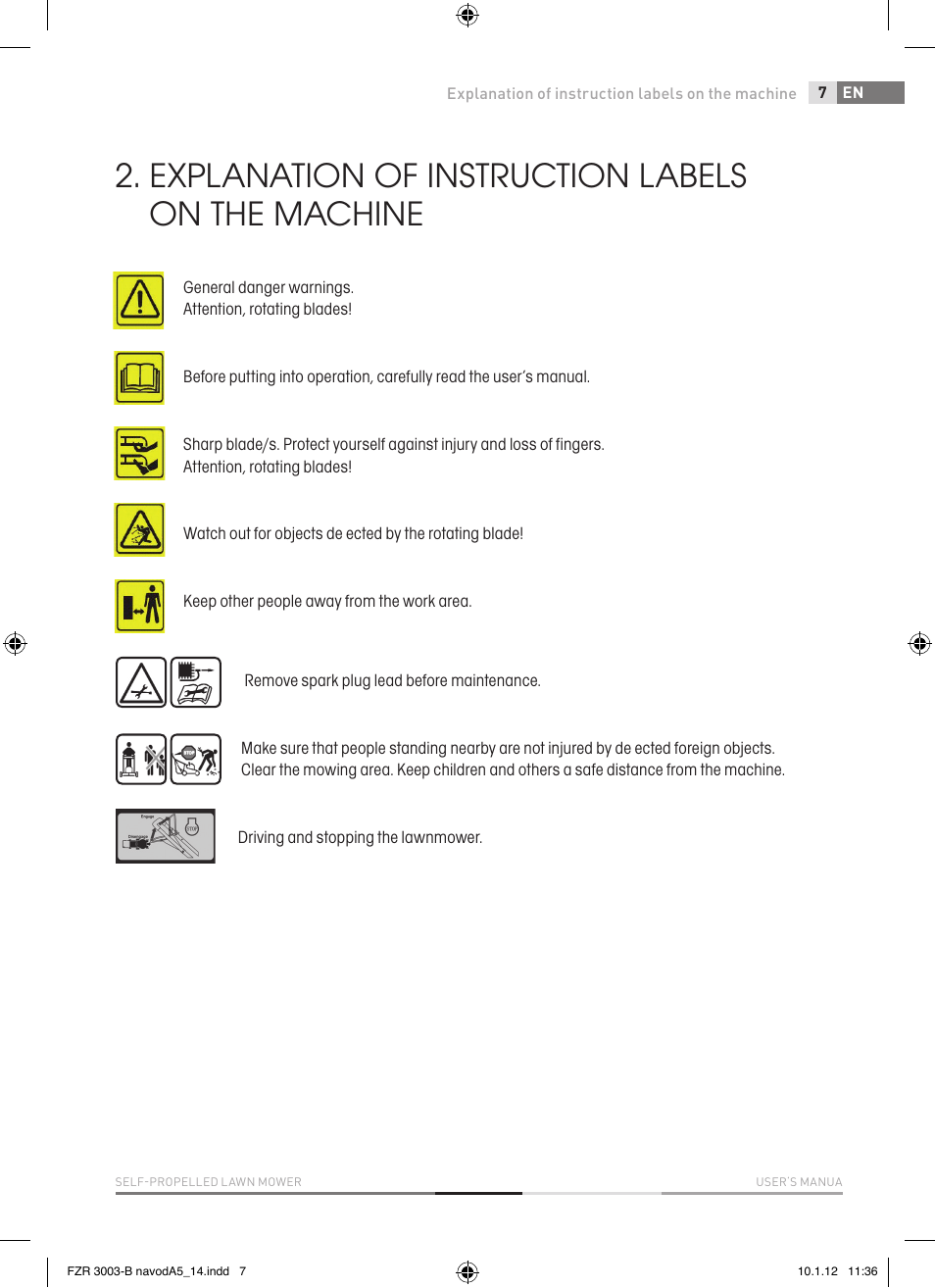 Explanation of instruction labels on the machine | Fieldmann FZR 3004-B User Manual | Page 7 / 110