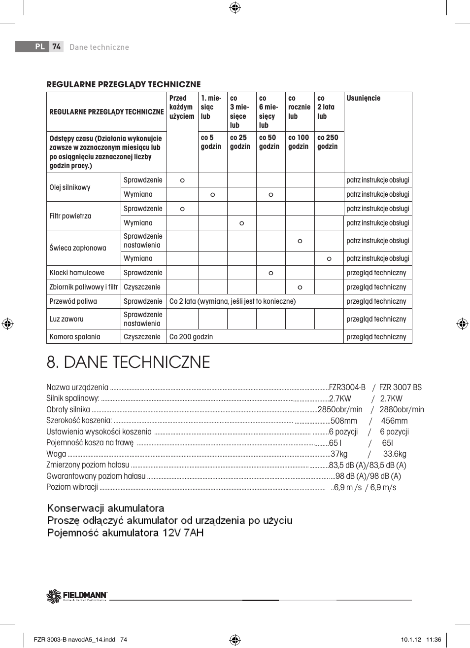 Dane techniczne | Fieldmann FZR 3004-B User Manual | Page 74 / 110