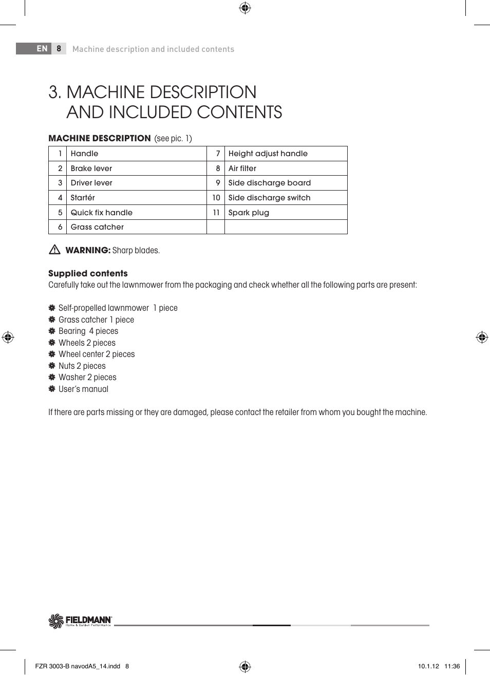 Machine description and included contents | Fieldmann FZR 3004-B User Manual | Page 8 / 110