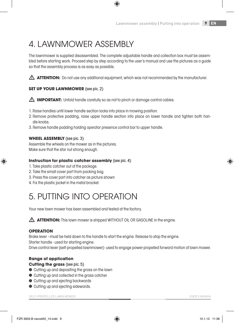 Lawnmower assembly, Putting into operation | Fieldmann FZR 3004-B User Manual | Page 9 / 110