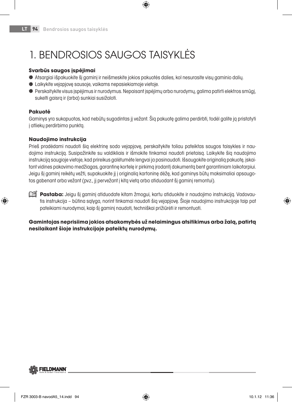 Bendrosios saugos taisyklės | Fieldmann FZR 3004-B User Manual | Page 94 / 110