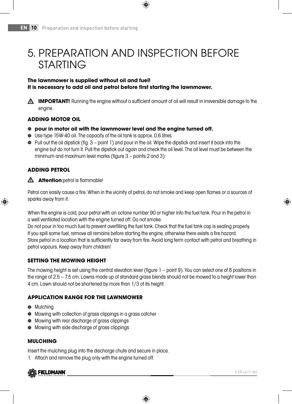 Preparation and inspection before starting | Fieldmann FZR 4621-BV User Manual | Page 10 / 92