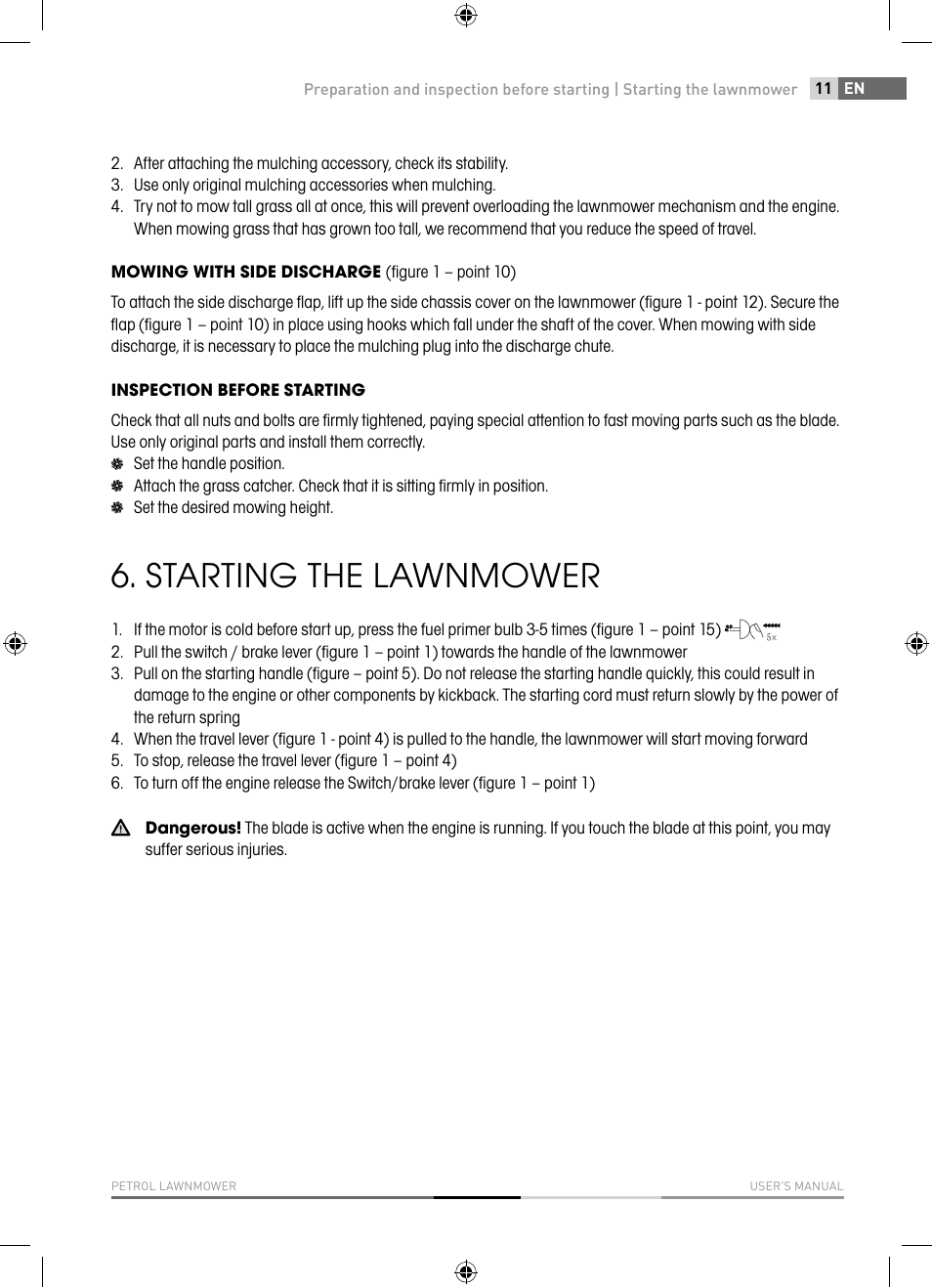 Starting the lawnmower | Fieldmann FZR 4621-BV User Manual | Page 11 / 92