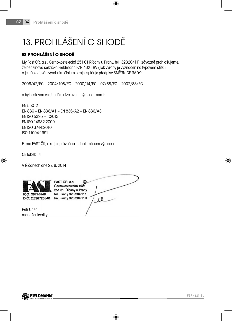 Prohlášení o shodě | Fieldmann FZR 4621-BV User Manual | Page 34 / 92