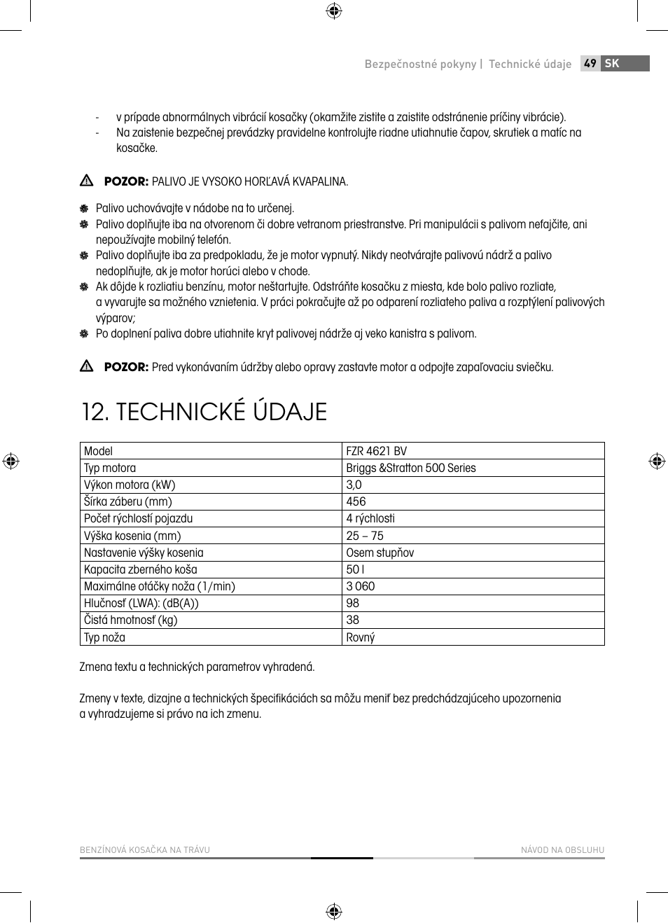 Technické údaje | Fieldmann FZR 4621-BV User Manual | Page 49 / 92