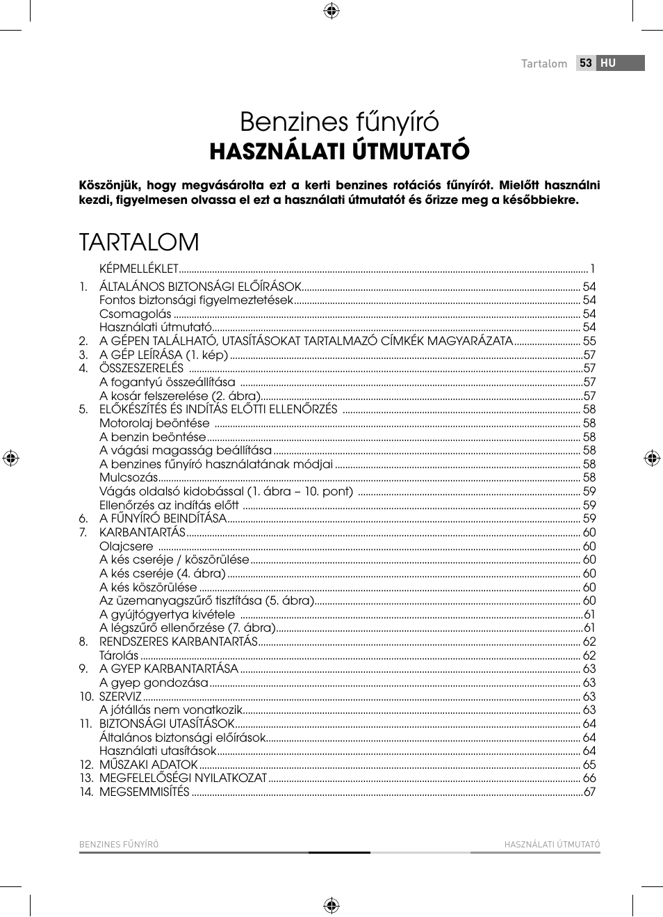 Benzines fűnyíró, Tartalom, Használati útmutató | Fieldmann FZR 4621-BV User Manual | Page 53 / 92