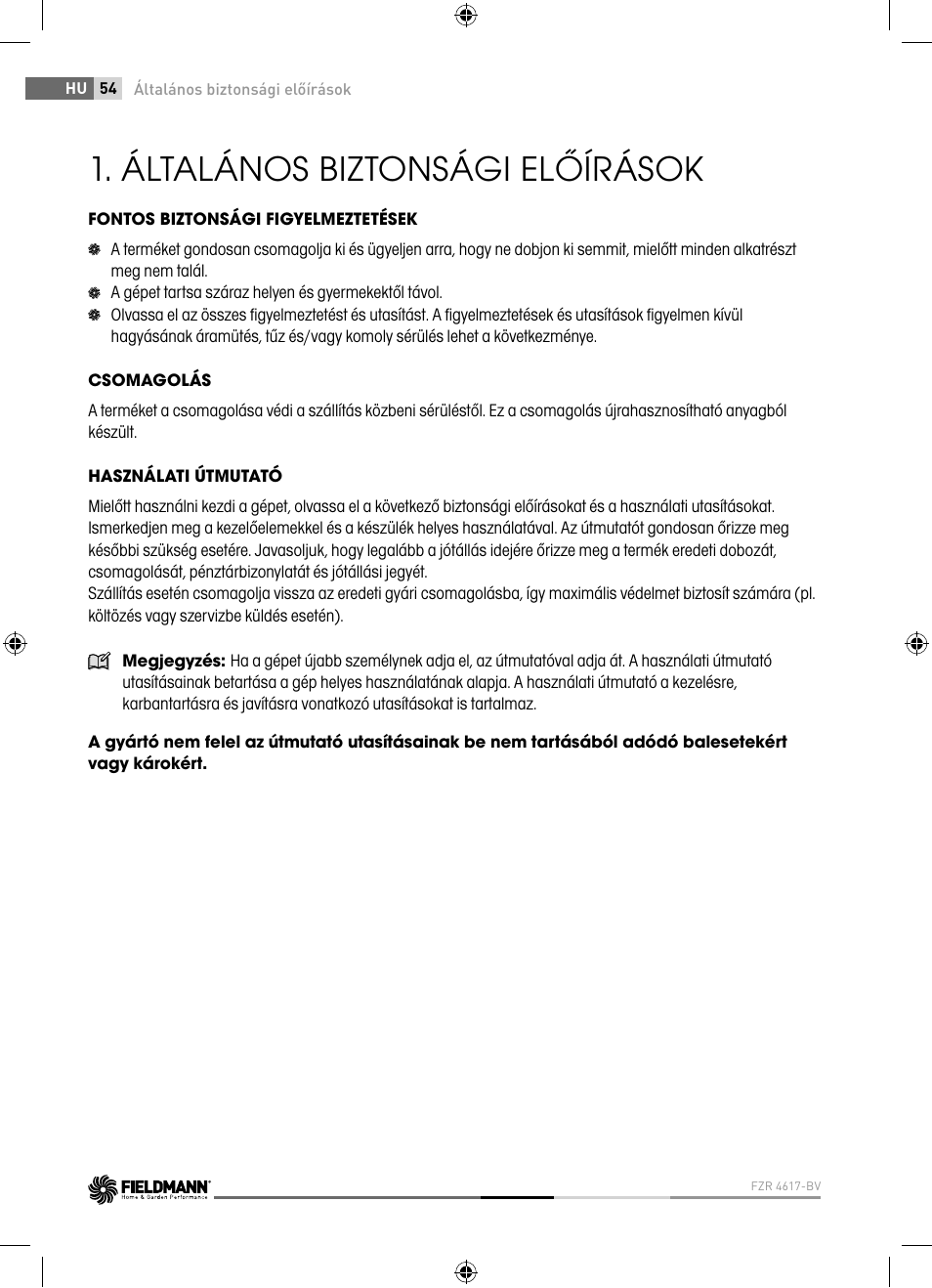 Általános biztonsági előírások | Fieldmann FZR 4621-BV User Manual | Page 54 / 92