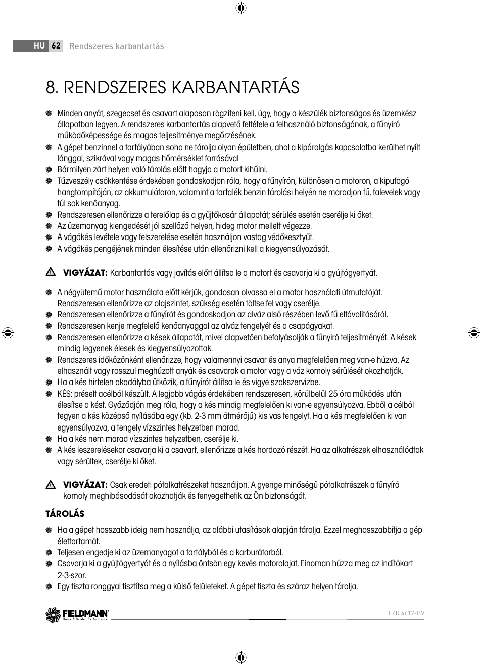 Rendszeres karbantartás | Fieldmann FZR 4621-BV User Manual | Page 62 / 92