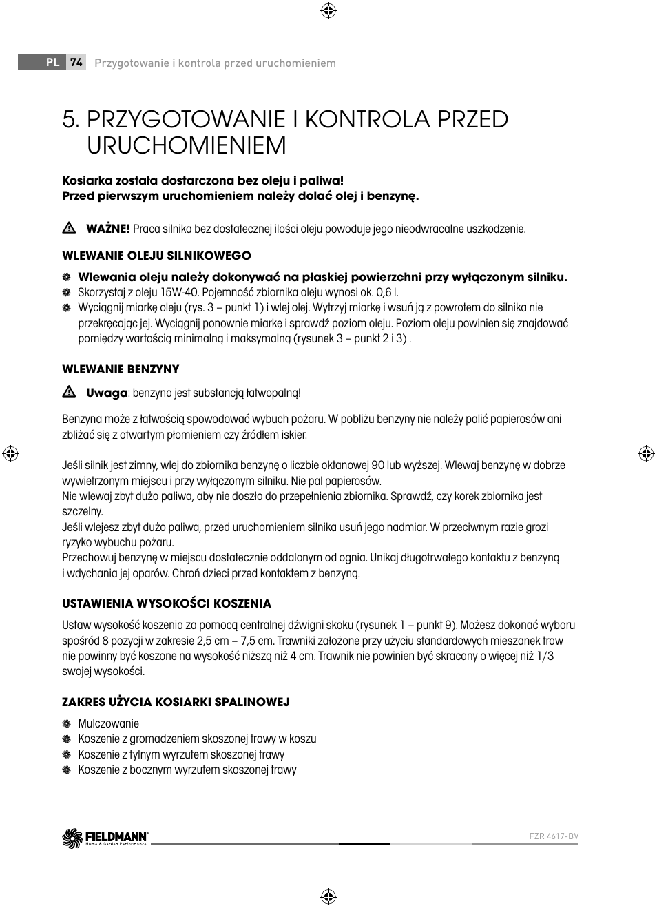 Przygotowanie i kontrola przed uruchomieniem | Fieldmann FZR 4621-BV User Manual | Page 74 / 92