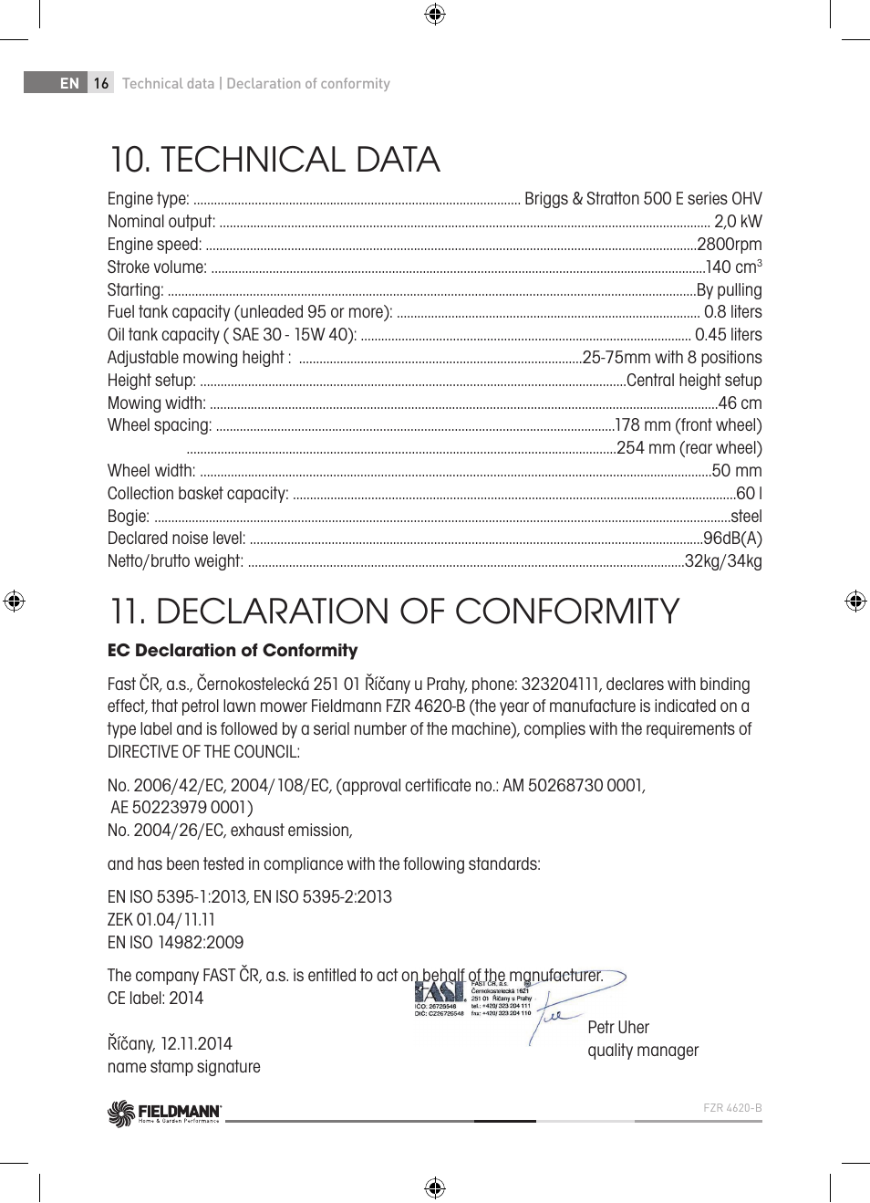 Technical data, Declaration of conformity | Fieldmann FZR 4620-B User Manual | Page 16 / 82