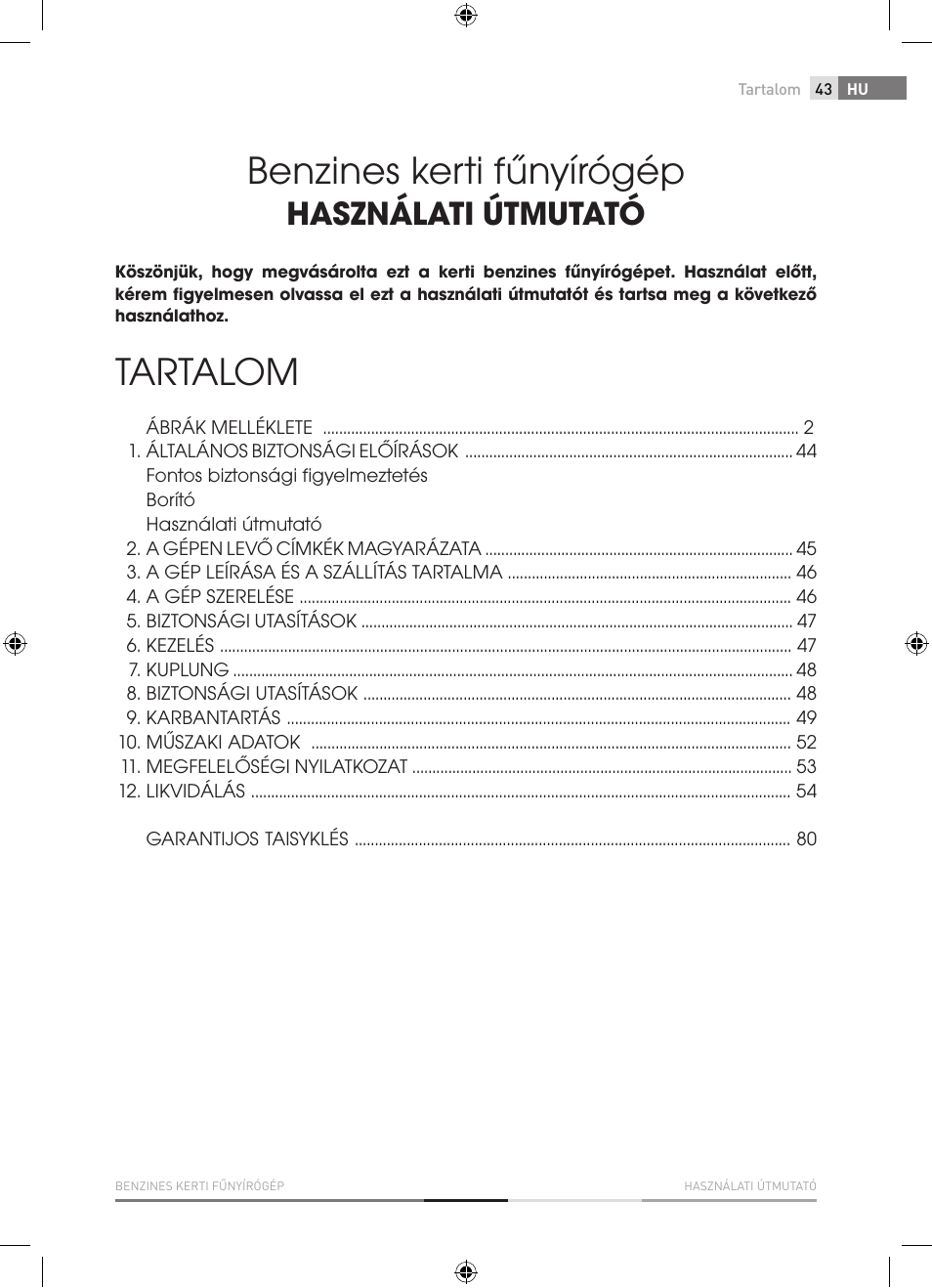 Benzines kerti fűnyírógép, Tartalom, Használati útmutató | Fieldmann FZR 4620-B User Manual | Page 43 / 82