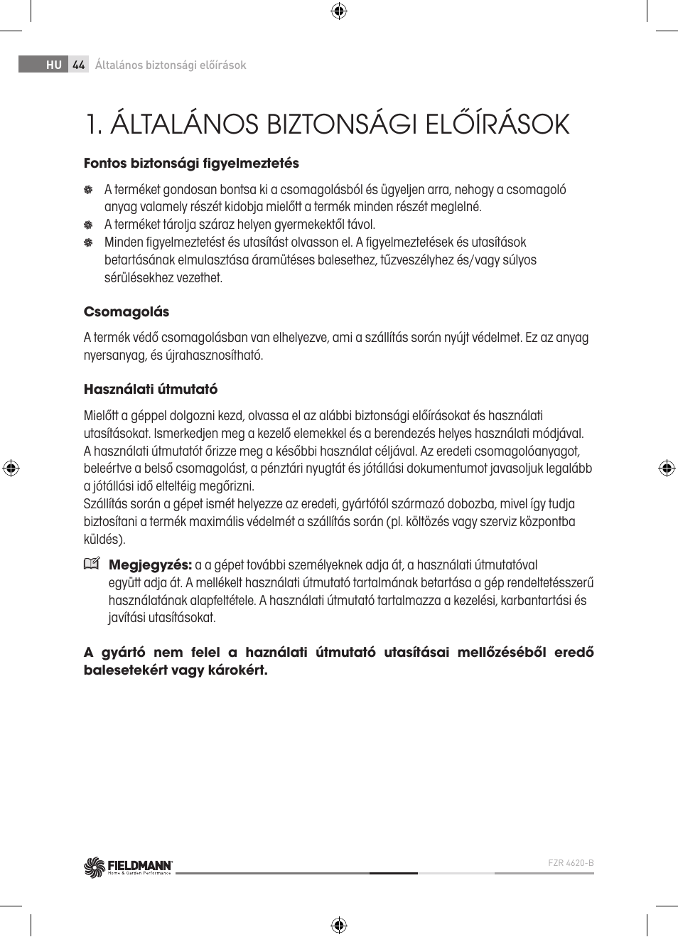 Általános biztonsági előírások | Fieldmann FZR 4620-B User Manual | Page 44 / 82