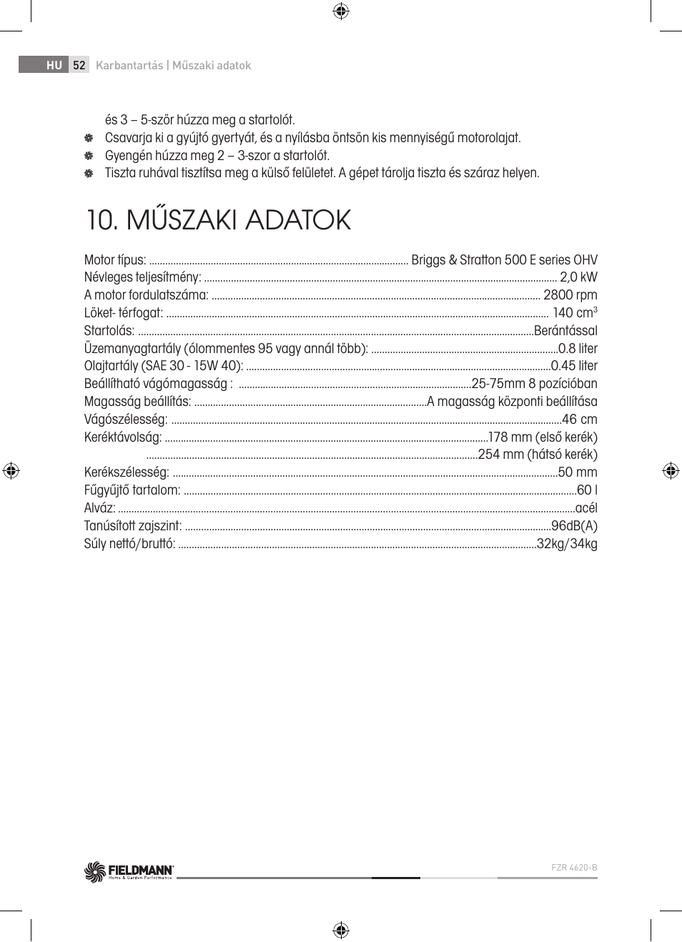 Műszaki adatok | Fieldmann FZR 4620-B User Manual | Page 52 / 82