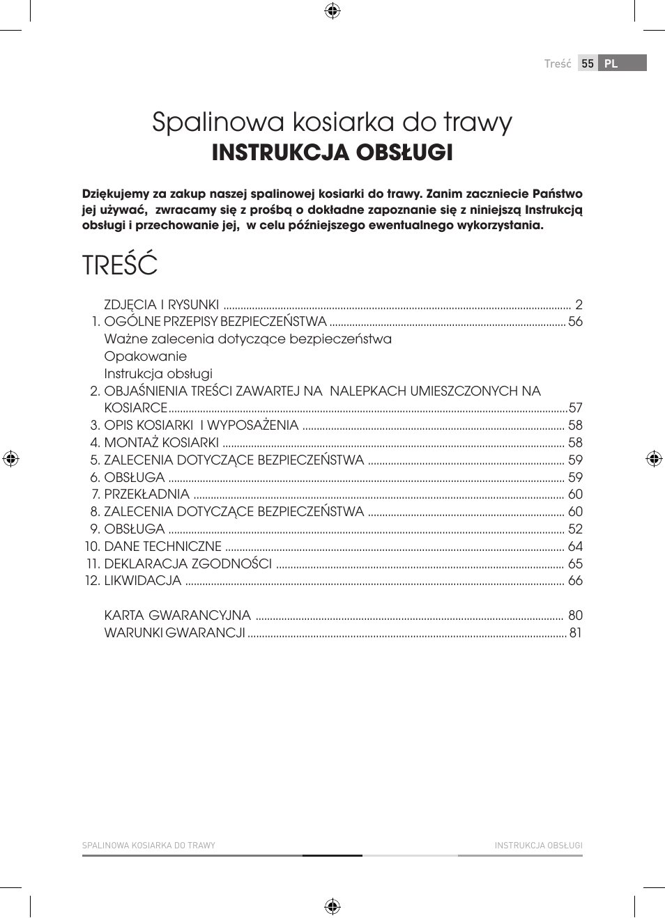 Spalinowa kosiarka do trawy, Treść, Instrukcja obsługi | Fieldmann FZR 4620-B User Manual | Page 55 / 82