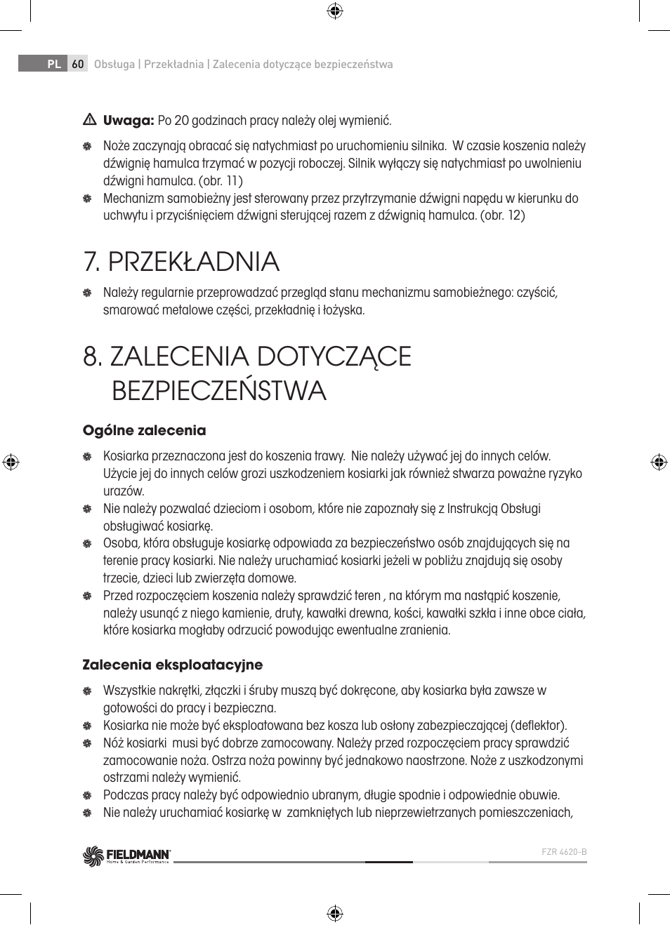 Przekładnia, Zalecenia dotyczące bezpieczeństwa | Fieldmann FZR 4620-B User Manual | Page 60 / 82