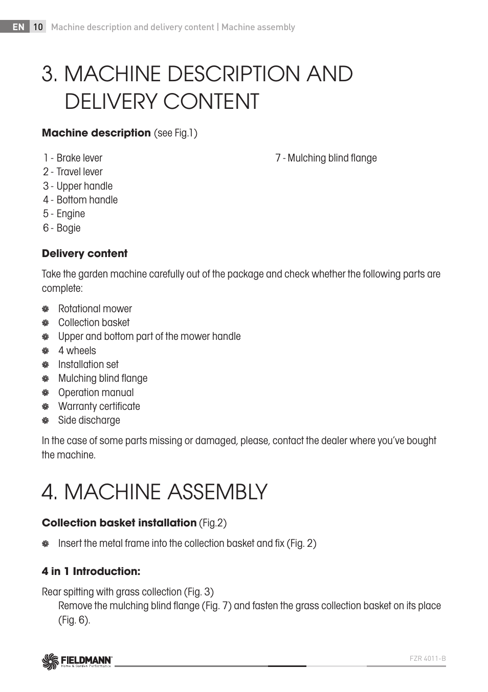 Machine description and delivery content, Machine assembly | Fieldmann FZR 4011-B User Manual | Page 10 / 82