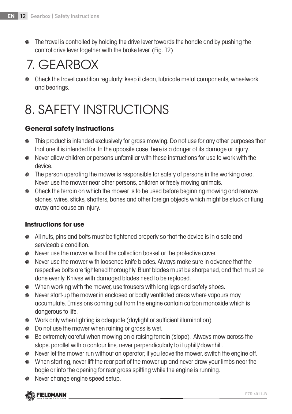 Gearbox, Safety instructions | Fieldmann FZR 4011-B User Manual | Page 12 / 82