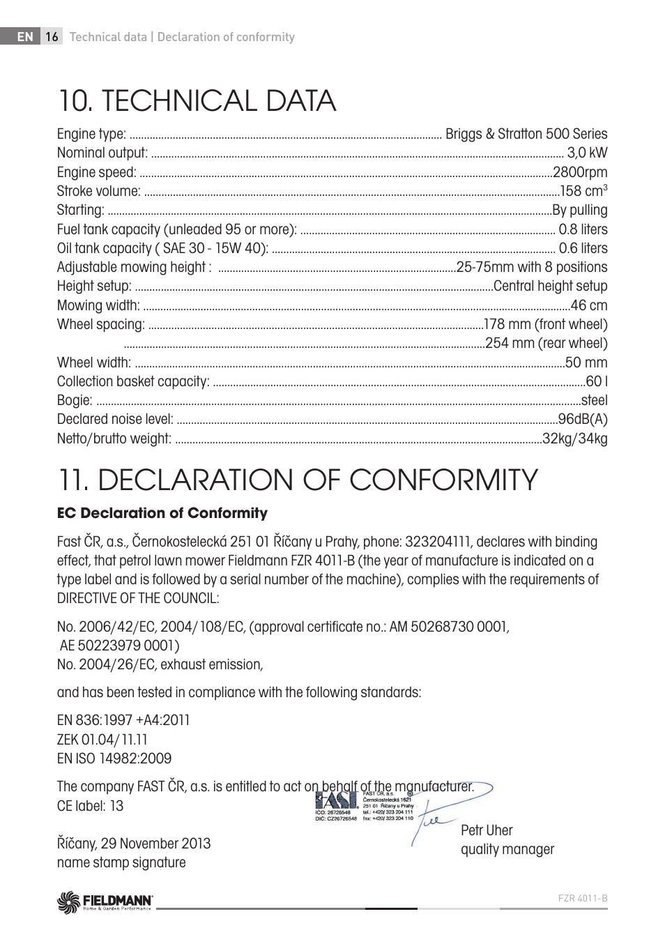 Technical data, Declaration of conformity | Fieldmann FZR 4011-B User Manual | Page 16 / 82