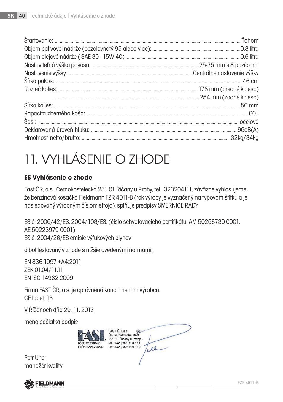 Vyhlásenie o zhode | Fieldmann FZR 4011-B User Manual | Page 40 / 82