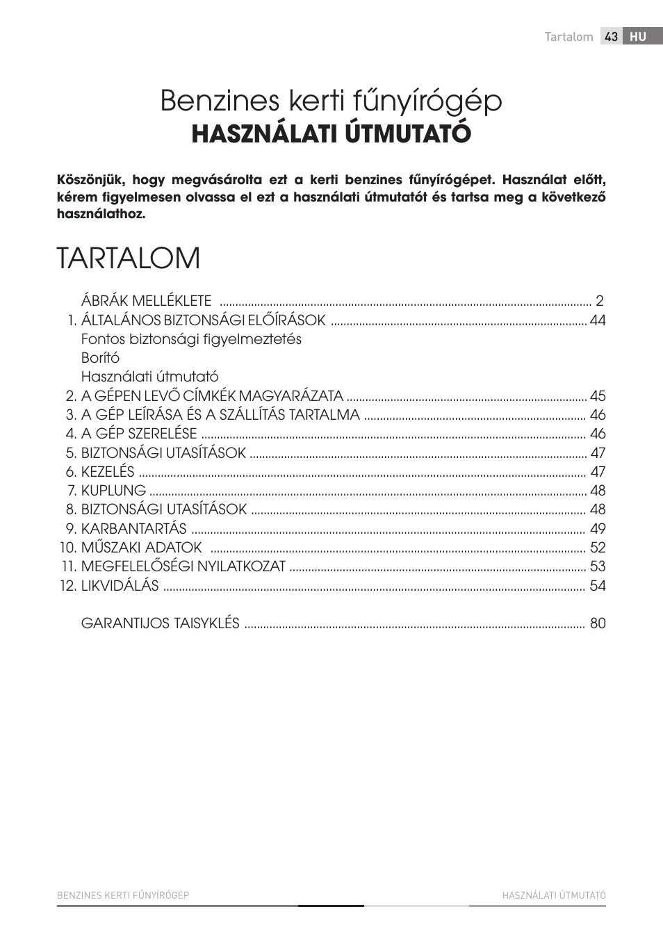 Benzines kerti fűnyírógép, Tartalom, Használati útmutató | Fieldmann FZR 4011-B User Manual | Page 43 / 82