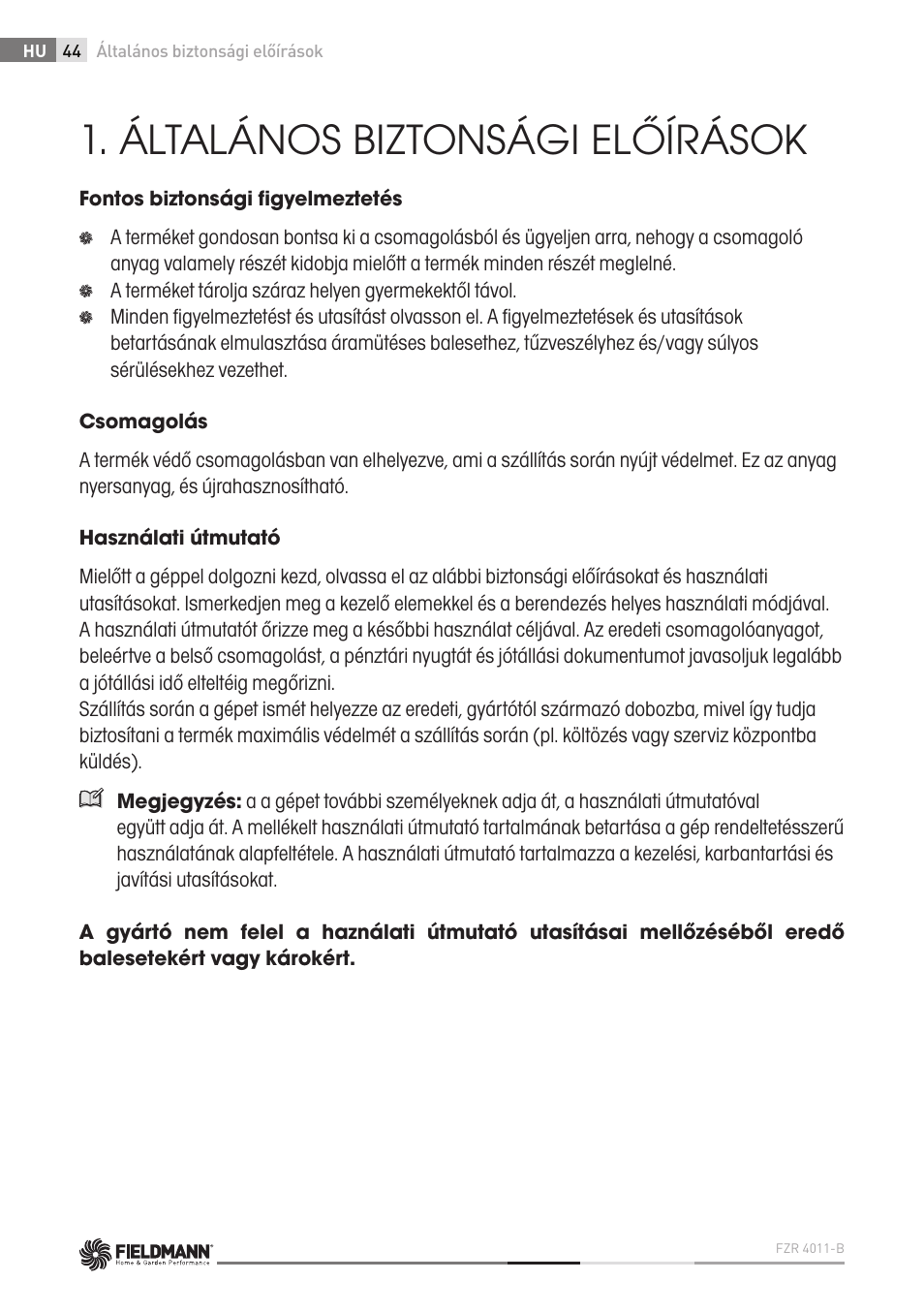 Általános biztonsági előírások | Fieldmann FZR 4011-B User Manual | Page 44 / 82