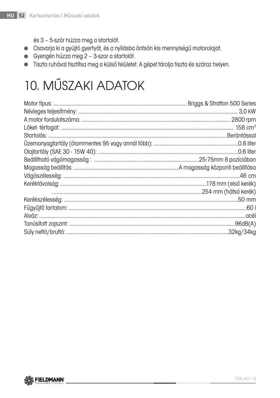 Műszaki adatok | Fieldmann FZR 4011-B User Manual | Page 52 / 82